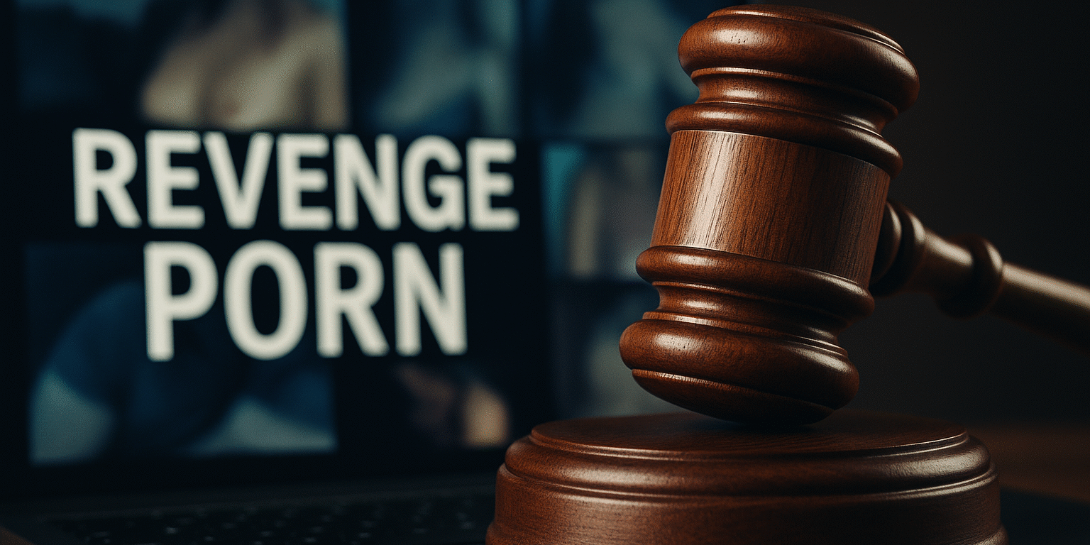 Gavel over digital screen symbolizing legal action against revenge porn.