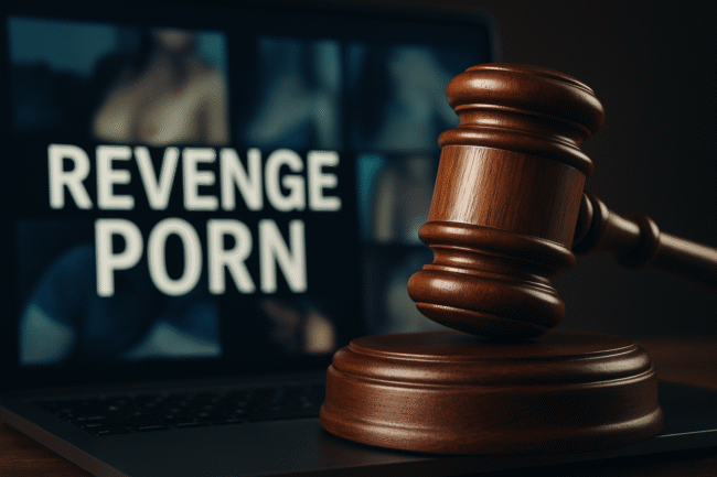 Gavel over digital screen symbolizing legal action against revenge porn.