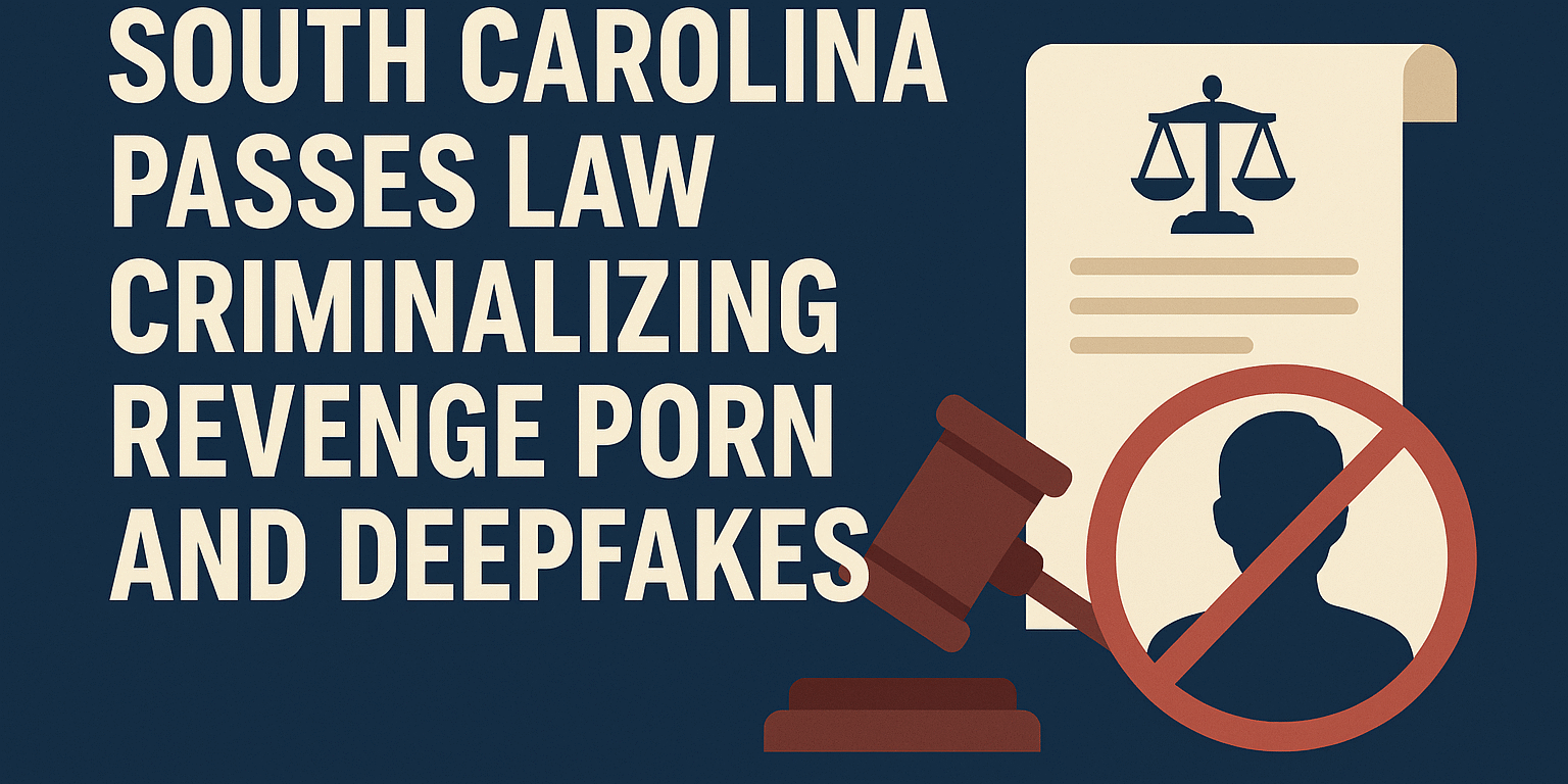 South Carolina passes law banning revenge porn and deepfake images with gavel and legal document illustration