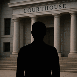 Silhouette of anonymous person outside courthouse representing privacy in revenge porn lawsuits