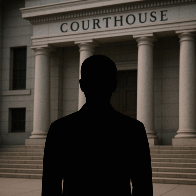 Silhouette of anonymous person outside courthouse representing privacy in revenge porn lawsuits