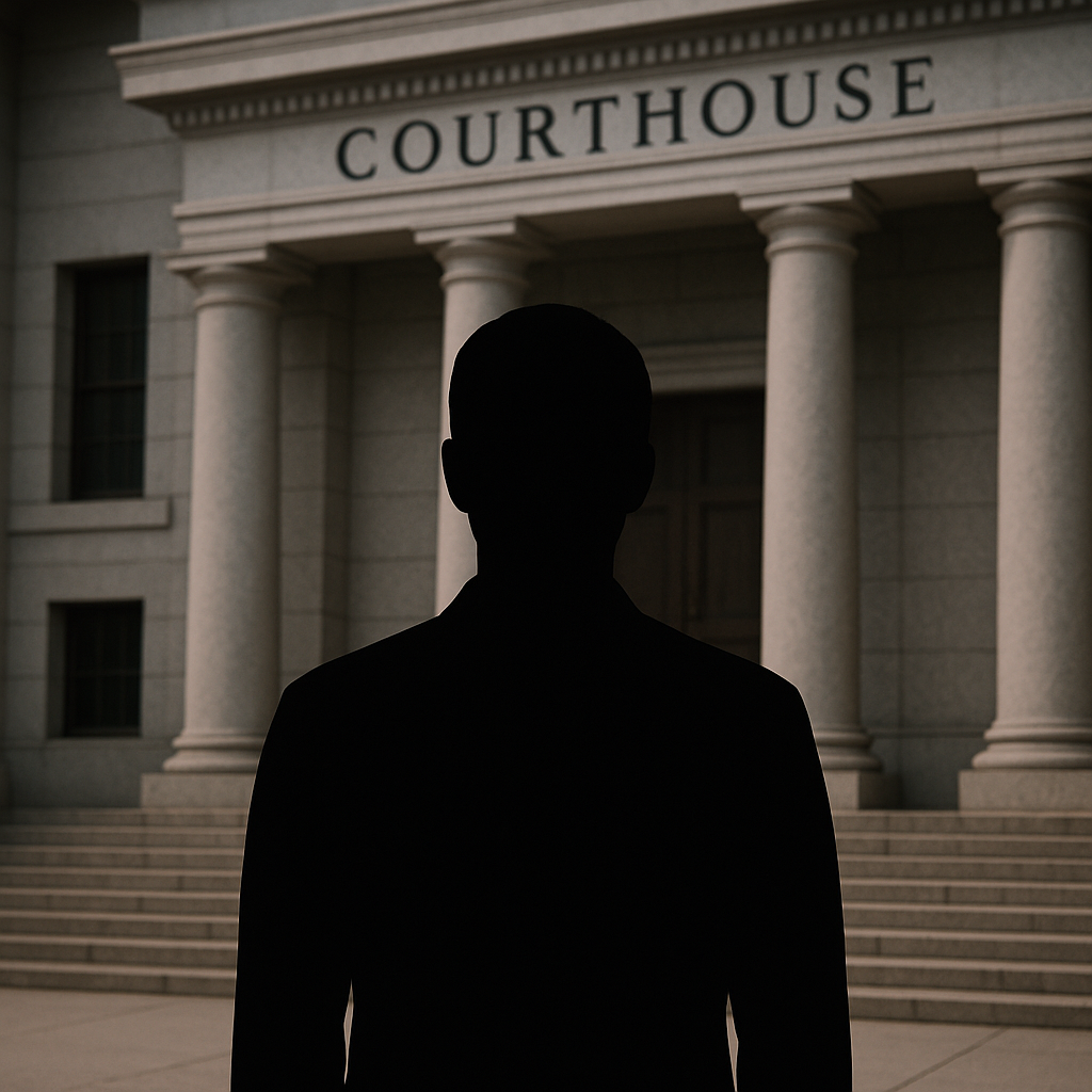 Silhouette of anonymous person outside courthouse representing privacy in revenge porn lawsuits