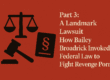 “Featured image for Part 3 of the Broadrick v. Gilroy series titled ‘A Landmark Lawsuit — How Bailey Broadrick Invoked Federal Law to Fight Revenge Porn,’ showing legal icons including a gavel, scales of justice, and a section symbol on a textured red background.”