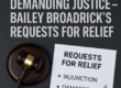 "Featured image for Part 5 of Broadrick v. Gilroy series showing gavel, legal document titled Requests for Relief, and text listing injunction, damages, and attorneys’ fees."