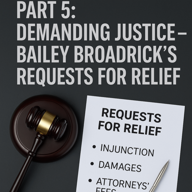 "Featured image for Part 5 of Broadrick v. Gilroy series showing gavel, legal document titled Requests for Relief, and text listing injunction, damages, and attorneys’ fees."