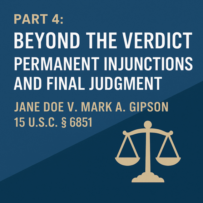 "Featured image for Part 4 of Doe v. Gipson series: Beyond the Verdict — Permanent Injunctions and Final Judgment under 15 U.S.C. § 6851"