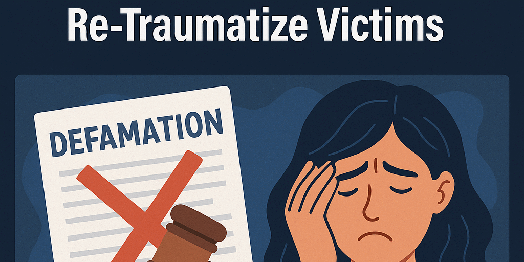"Illustration showing a distressed woman next to a defamation document with a red X and gavel, symbolizing frivolous counterclaims in revenge porn cases used to intimidate victims."