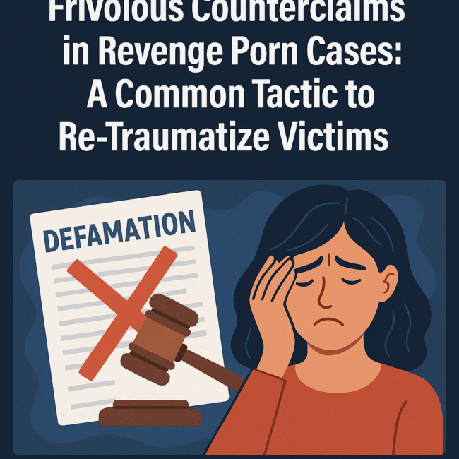 "Illustration showing a distressed woman next to a defamation document with a red X and gavel, symbolizing frivolous counterclaims in revenge porn cases used to intimidate victims."