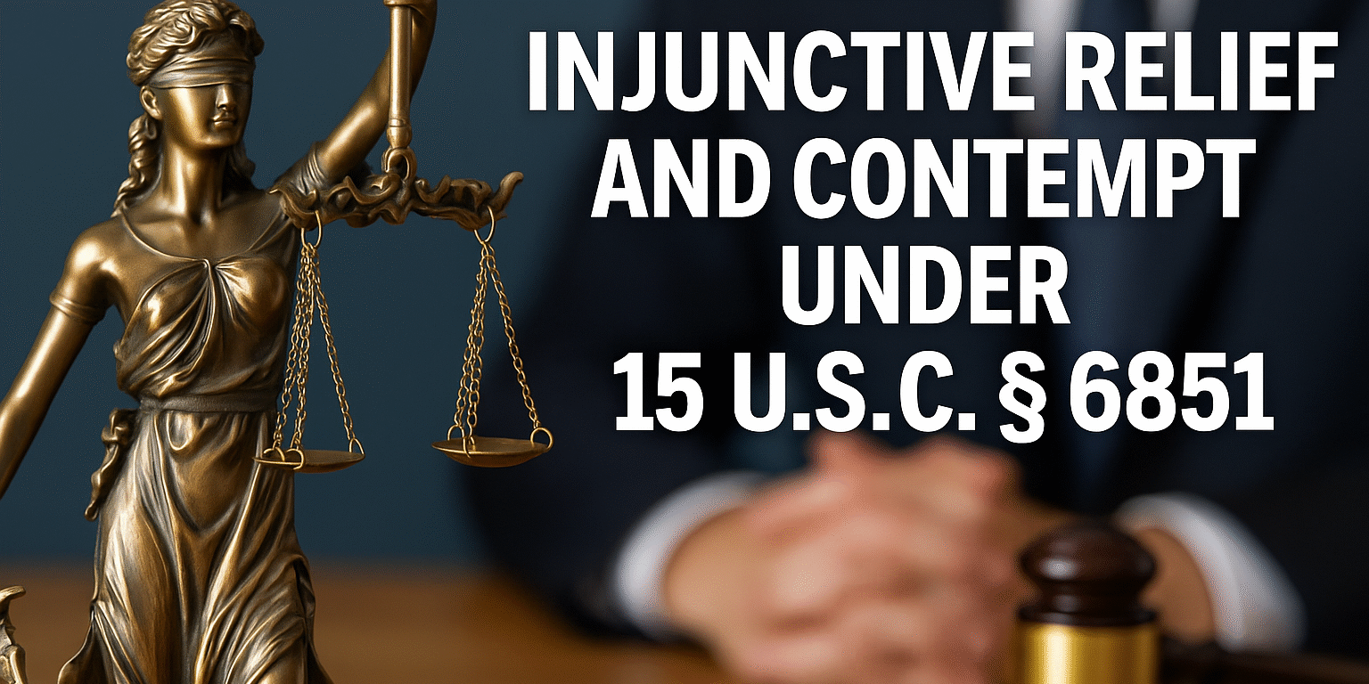 "Lady Justice with text: Injunctive Relief and Contempt Under 15 U.S.C. § 6851 in Doe v. Gipson revenge porn case"