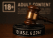 Gavel resting on a film reel labeled 18 U.S.C. § 2257, symbolizing legal regulation of commercial pornography under federal law.