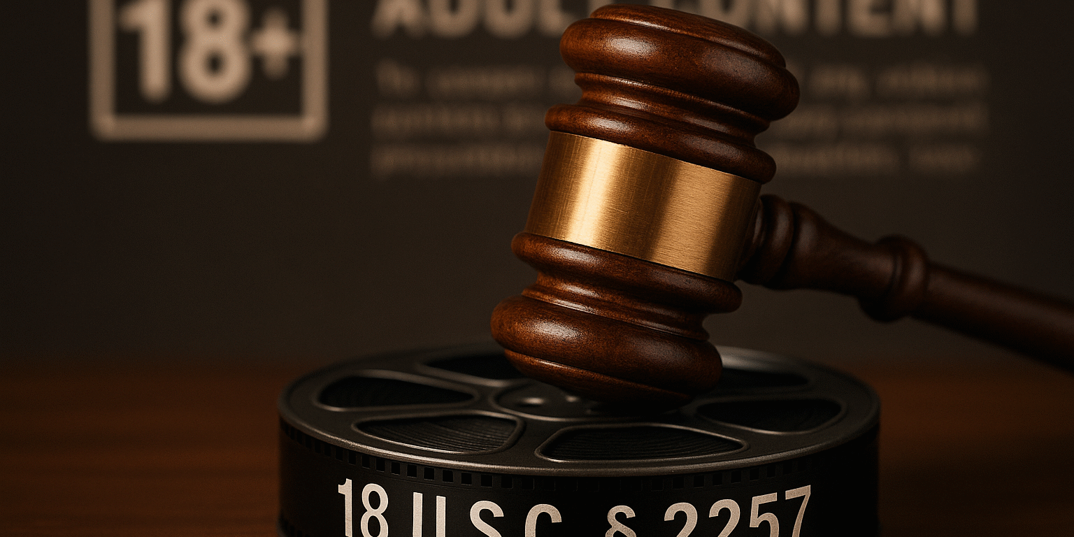 Gavel resting on a film reel labeled 18 U.S.C. § 2257, symbolizing legal regulation of commercial pornography under federal law.