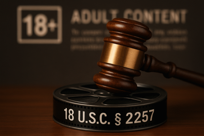 Gavel resting on a film reel labeled 18 U.S.C. § 2257, symbolizing legal regulation of commercial pornography under federal law.