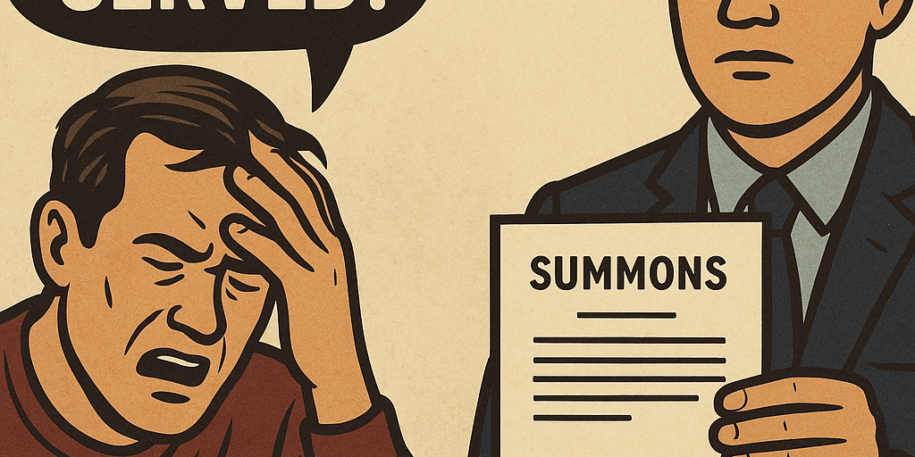 Frustrated man exclaims “I wasn’t served!” while a process server presents a legal summons — representing common delay tactics in revenge porn lawsuits.