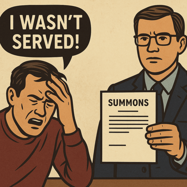 Frustrated man exclaims “I wasn’t served!” while a process server presents a legal summons — representing common delay tactics in revenge porn lawsuits.